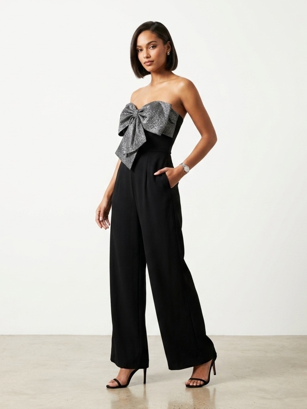 Sam Edelman Wide Leg Jumpsuit Bow Bodice Metallic Black Silver Size 0